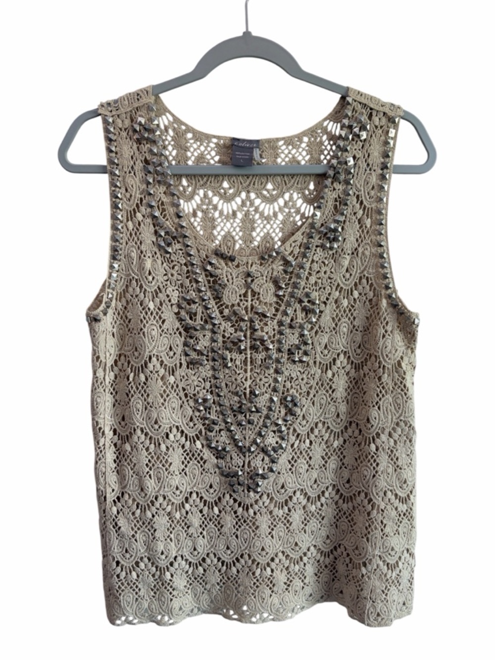 C.Oliver Crochet Studded Beige Cotton Tank Top Size Large Country Festival Boho